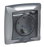 РОЗЕТКА ДУЭТ с заземлением со шторками с крышкой 16А в сборе СЕРЕБРИСТЫЙ WDE000346
